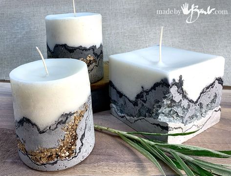 Concrete Pillar Candle, Beachy Candle, Cement Candles, Diy Candle Pillars, Diy Cement Candle Holders, Geode Candle Holder, Beachy Candles, Concrete Candle Holders Diy, Geode Candle