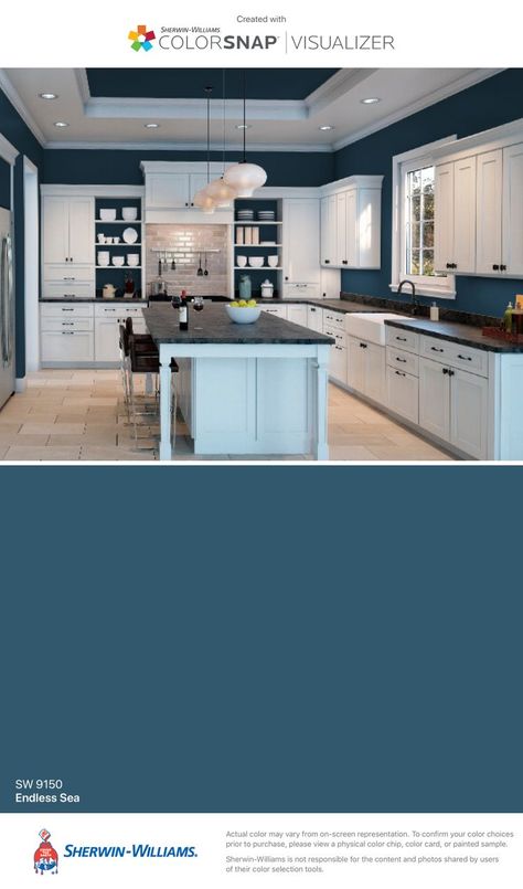 I found this color with ColorSnap® Visualizer for iPhone by Sherwin-Williams: Endless Sea (SW 9150). | Blue kitchen walls, Blue accent walls, Kitchen paint colors Blue Paint Palette, Room Color Design, Blue Kitchen Walls, Havenly Living Room, Paint For Kitchen Walls, Blue Accent Walls, Painting Countertops, House Color Palettes, Coffee Bar Home