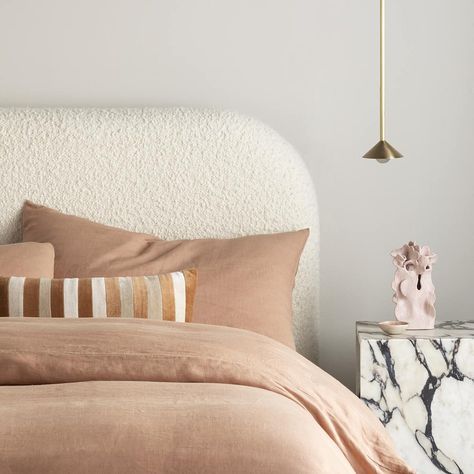 CULTIVER on Instagram: “Our Fawn bedding featured on @heatherlydesignbedheads' new Bonnie Bed. ​ ​#cultiverlinen” Sheep Bed Frame, Boucle Bed Styling, Rounded Bed Frame, Diy Boucle Headboard, Boucle Bedroom Ideas, Bed Upholstery Designs, Rh Bed, Boucle Bedroom, Round Bed Frame