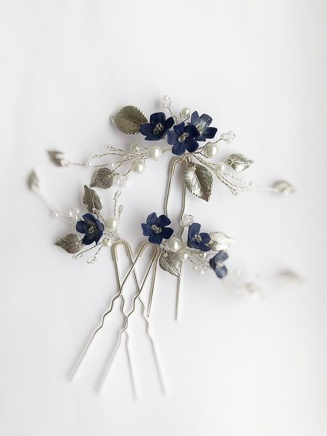 Navy Blue Hair Piece Floral, Hair Pins Something Blue Bridal Jewelry Antique Silver Sapphire Headpieces - Etsy Hair Pieces For Wedding, Navy Hair Accessories, Blue Hair Piece, Blue Bridal Jewelry, Dark Blue Jewelry, Navy Blue Jewelry, Blue Hair Pins, Navy Blue Hair, Navy Jewelry