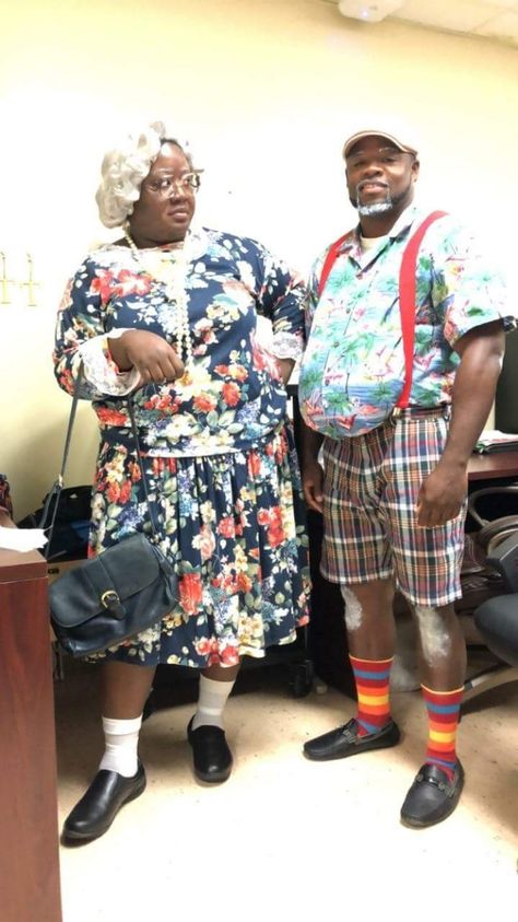 Madea and Mr. Brown costume Madea Costume Idea, Elderly Halloween Costume, Madea Halloween Costume, Madea Costume, Elderly Costume, Senior Citizen Day Spirit Week, Plus Size Costume Ideas, Old People Costume, Old Man Costume