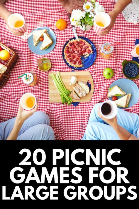 Here, we share 20 of our FAVORITE picnic games that large groups can enjoy this summer! Read more at OwnTheYard.com! Picnic Birthday Party Games, Old Fashioned Picnic Games, Outdoor Picnic Games For Adults, Picnic Ideas For Friends Games, Picknick Games, Activities For Picnic, Games For Picnic Ideas, Picnic Party Activities, Family Games Picnics