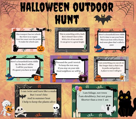 Halloween Treasure Hunt for kids, outdoor Halloween Scavenger Hunt, Halloween Game for kids, Halloween Activity for Kids, Outdoor games  Cut out the clues and place them outdoors. And let the kids find and solve the clues to find the prize.  There are 8 clues. You will receive A4 Pdf file. Outdoor Halloween Treasure Hunt For Kids, Outdoor Halloween Scavenger Hunt, Halloween Scavenger Hunt For Kids, Treasure Hunt For Kids, Halloween Party Activities, Office Party Games, Halloween Scavenger Hunt, Printable Games For Kids, Halloween Games For Kids