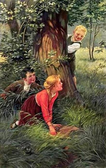 Borrmeister, Richard (b,1876)- Children Playing Hide & Seek Kissing On The Cheek, Funny Artwork, Sky Art Painting, Childhood Memories 70s, Children Playing, Halloween Drawings, German Art, Hide And Seek, Children Images