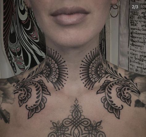 Symmetrical Chest Tattoos For Women, Partial Neck Tattoo Women, Ornamental Neck And Chest Tattoo, Ornamental Collar Tattoo, Egyptian Throat Tattoo, Symmetrical Throat Tattoo, Throat Ornamental Tattoo, Collarbone And Neck Tattoo, Japanese Neck Tattoo For Women