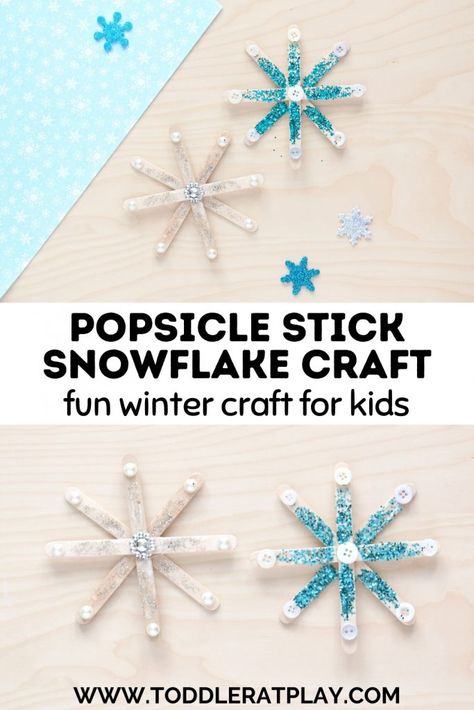 Popsicle Stick Snowflake Craft - Toddler at Play Joy Activities, January Projects, January Themes, Popsicle Stick Snowflake, Snowflake Crafts, Winter Crafts For Toddlers, 2nd Christmas, Easy Winter Crafts, Craft For Toddlers