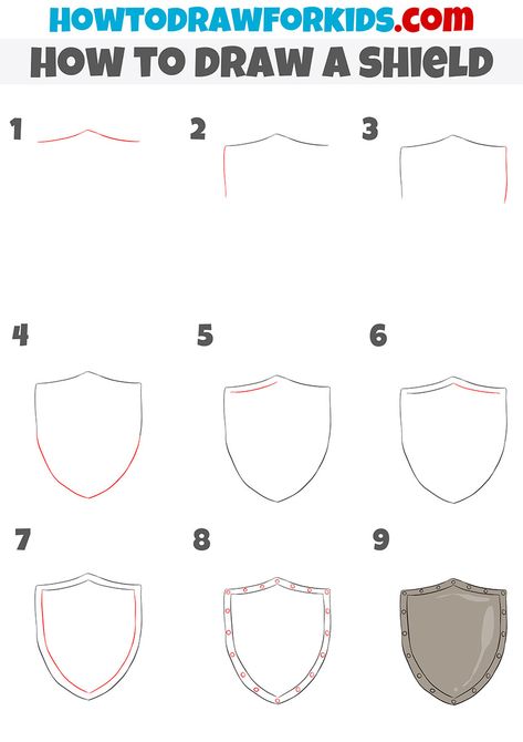 how to draw a shield step by step Shield Doodle, Shield Drawing Reference, Shield Drawing, Roman Shield, Helmet Drawing, Banner Drawing, Medieval Drawings, Sketches Simple, Drawing Tutorials For Kids