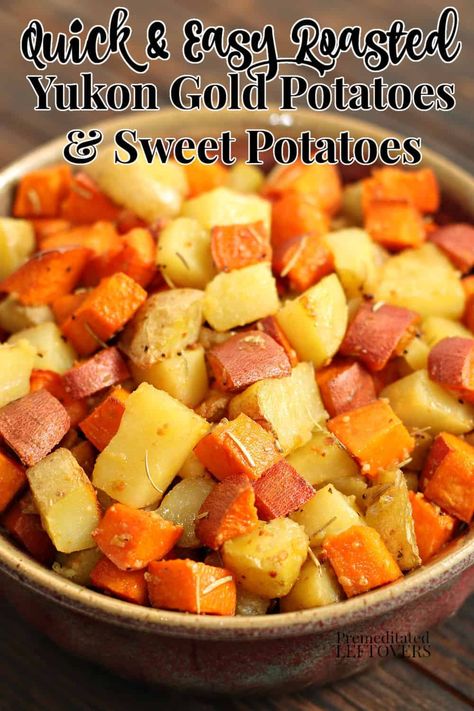 An easy recipe for Roasted Yukon Gold Potatoes and Sweet Potatoes. This savory potato dish is seasoned with garlic and rosemary. Yukon Gold Potato Recipe, Gold Potatoes Recipe, Potatoes And Sweet Potatoes, Breakfast Potatoes Recipe, Gold Potato Recipes, Roasted Yukon Gold Potatoes, Winter Produce, Yummy Vegetables, Sweet Potato Recipes Roasted