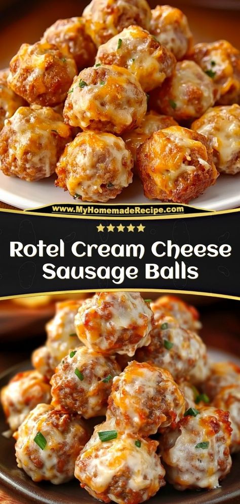 These Rotel cream cheese sausage balls are savory, cheesy, and packed with a hint of spice. Perfect for appetizers or snacking! Ingredients: 1 lb sausage 1 can Rotel tomatoes, drained 8 oz cream cheese 1 cup Bisquick mix Serve these sausage balls for a crowd-pleasing appetizer Cheese Sausage Balls, Recipe Meatballs, Cream Cheese Sausage, Bagel Dip, Cream Cheese Sausage Balls, Sausage Balls Recipe, Rotel Tomatoes, Sausage Balls, Appetizers Easy Finger Food