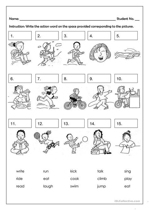 Verbs Kindergarten, Action Verbs Worksheet, Verbs For Kids, Ingles Kids, English Worksheets For Kindergarten, English Exercises, Verb Worksheets, Learning English For Kids, 2nd Grade Worksheets