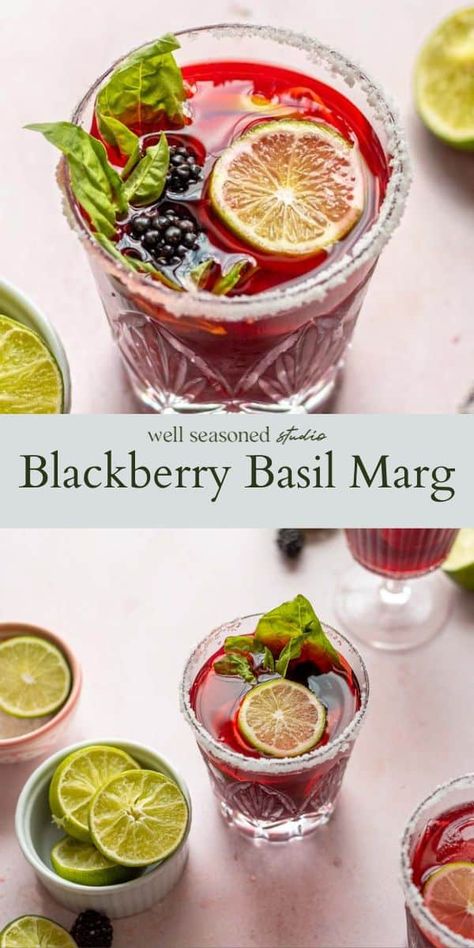 Blackberry Basil Margarita, Blackberry Basil Cocktail, Muddled Basil, Blackberry Margarita Recipe, Blood Orange Margarita Recipe, Basil Drinks, Basil Margarita, Mixology Recipes, Tart Flavors