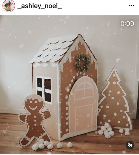 Diy Pretend Fireplace, Gingerbread House Kids Playhouse, Ginger Bread House Card Board, Large Cardboard Gingerbread House Diy, Gingerbread House Display Ideas, Cardboard Gingerbread House Diy Lifesize, Gingerbread Cardboard House, Gingerbread Cardboard, Playroom Christmas