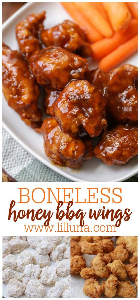 Dinner Ideas With Chicken Wings, Bbq Boneless Wings Recipe, Boneless Wings Sauce, Sweet Chicken Wing Recipes, Wing Breading Recipe, Baked Boneless Wings Recipe, Boneless Wings Recipe Baked, Homemade Wings Baked, Breaded Wings Recipe