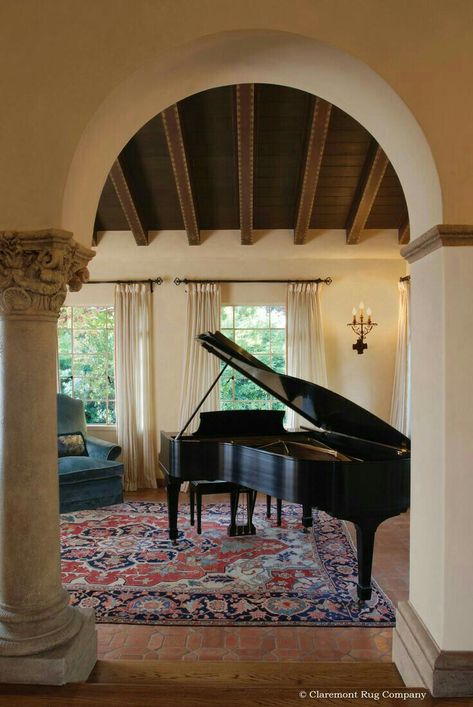 Rug Under Piano, Grand Piano Decor, Grand Piano Living Room, Piano Rooms, Mediterranean Family Room, Grand Piano Room, Bohemian Loft, Piano Room Decor, Piano Living Rooms