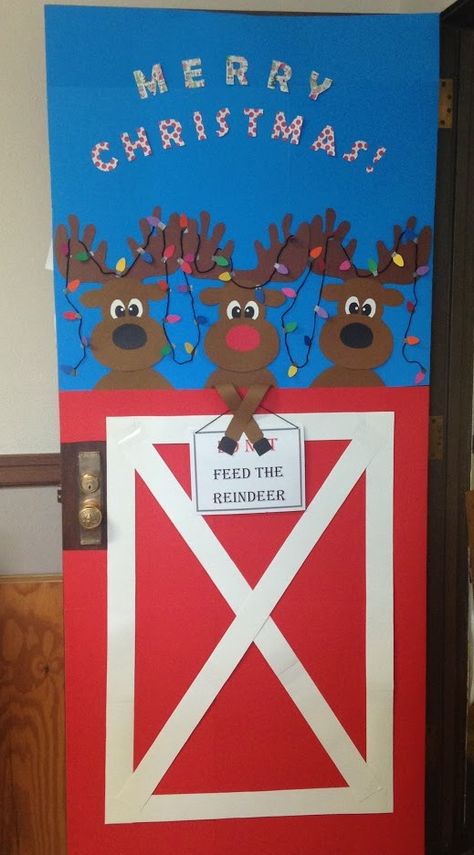 My reindeer door for the Christmas door decorating contest! Reindeer Door Decoration, Reindeer Stable, Deer Door, Christmas Door Decorating, Reindeer Door, Classroom Christmas Activities, Christmas Door Decorating Contest, Door Decorating Contest, Preschool Bulletin