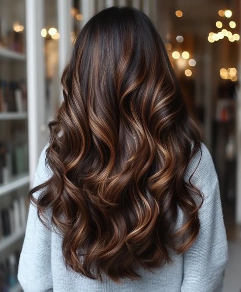 51 Stunning Dark Brown Balayage Hair Color Ideas For Autumn - Hair Trend Guide Winter Burnett Hair Color, Dark Hair Dimension, Dimensional Balayage Brunettes, Lowlights For Dark Brown Hair, Brunette Hair With Lowlights, Hair Color Ideas For Autumn, Winter Brunette Hair Color, Brown Bayalage, Dark Brown Balayage Hair