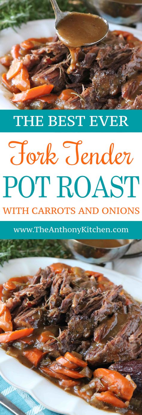 Best Pot Roast Recipe | An easy recipe for fork-tender pot roast made in the oven. The recipe features beef chuck shoulder braised in beef broth and red wine, with carrots, onions and fresh herbs | #potroast #familydinnerideas #dutchovenrecipes Roast Beef Recipes Oven, Best Pot Roast Recipe, Tender Pot Roast, Oven Roast Beef, Dutch Oven Pot Roast, Delicious Pot Roast, Oven Pot Roast, Roast Gravy, Best Pot Roast