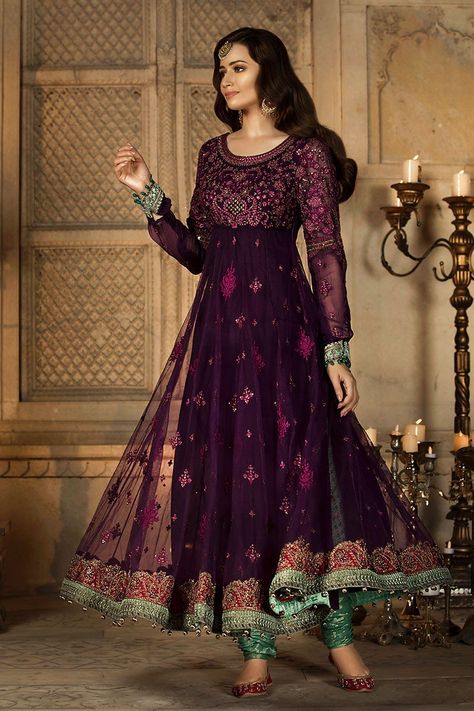 Unstitched MBROIDERED - Plum & Pink (BD-1405) Frock With Churidar Pajama, Nameera By Farooq, Churidar Pajama, Pakistani Winter Dresses, Walima Dress, 15th August, Long Frock, Embroidered Chiffon, Ghagra Choli