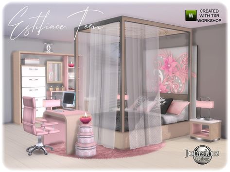 Estifiace TEEN bedroom. Found in TSR Category 'Sims 4 Kids Bedroom Sets' Sims 4 Beds, Lotes The Sims 4, Sims 4 Tsr, Sims Baby, Mod Furniture, Sims 4 Bedroom, Pink Furniture, Free Sims 4, The Sims 4 Packs