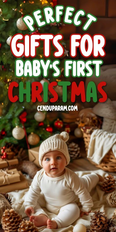 adorable baby sitting among presents at Christmas and title perfect gifts for baby's first Christmas Christmas Gifts For Baby Boy, First Christmas Gifts For Baby, Christmas Gifts For Baby, Christmas Presents For Babies, Gifts For Baby Boy, First Christmas Gifts, Newborn Christmas Gifts, Baby's First Christmas Gifts, Traditions To Start