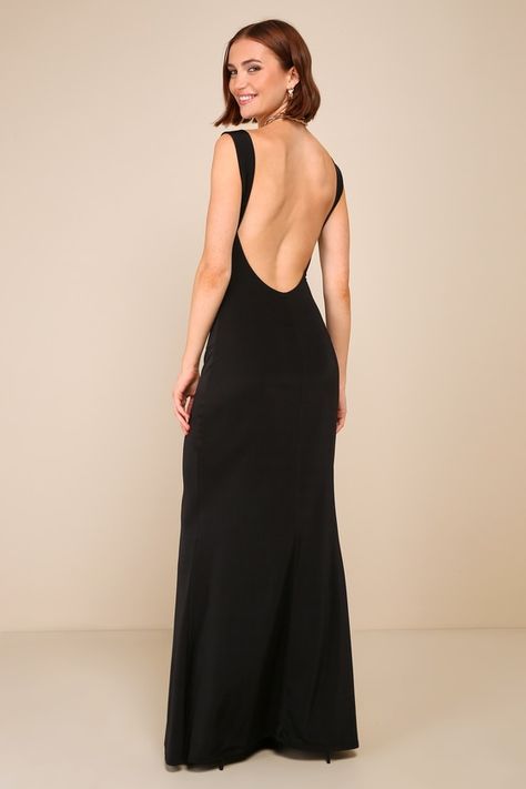 The Lulus Inspiring Glamour Black Backless Column Maxi Dress is a compliment-worthy look that'll effortlessly impress everyone you meet! This figure-flaunting gown has a slinky jersey knit construction that shapes a subtle cowl neckline, slender tank straps, and a sleeveless bodice with an alluring open-back design. The flattering column silhouette continues down to a sweeping maxi hem for the most elegant finish. Fit: This garment fits true to size. Length: Floor length. Size medium measures 52 Full Length Formal Dresses, Winter Formal Dresses Open Back, Backless Long Black Dress, Back Of The Dress Ideas, Elegant Open Back Dress, Prom Open Back Dresses, Barristers Ball Law School Dress, Backless Mini Dress Classy, Black Full Length Dress