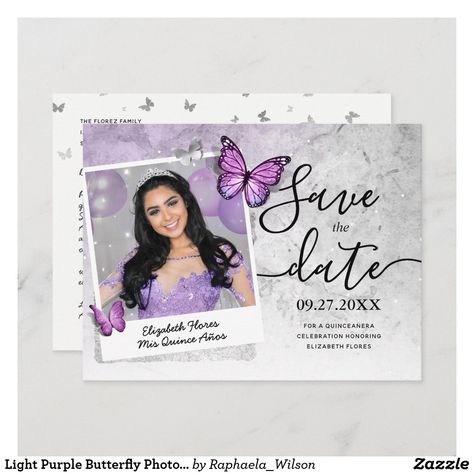 Save The Date Quinceanera Ideas Pictures, Quince Save The Date Photo Ideas, Butterfly Quince Theme, Paris Quinceanera Theme, Light Purple Butterfly, Butterfly Quinceanera Theme, Quinceanera Pictures, Purple Quince, Butterfly Photo