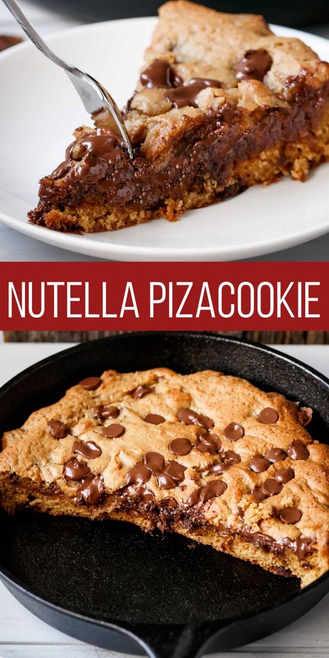 Nutella Cookie Skillet, Cookie Nutella Pie, Cookie With Nutella, Nutella Cookie Pie Recipe, Chocolate Chip Pizza Cookie, Nutella Stuffed Cookie Pie, Nutella Brownie Cookies, Nutella Cookie Cake, Nutella Cookie Pie