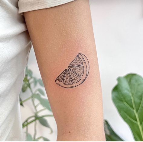 Orange Slice Tattoo Color, Orange Wedge Tattoo, Orange Slice Tattoo Black And White, Orange Segment Tattoo, Half Orange Tattoo, Lime Wedge Tattoo, Small Orange Tattoo, Nutrition Tattoo, Grapefruit Tattoo