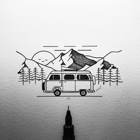 Hobo Drawing, Campervan Drawing, Camper Van Drawing, Hike Drawing, Campervan Tattoo, Camper Tattoo, Camper Drawing, Van Drawing, Cute Monsters Drawings