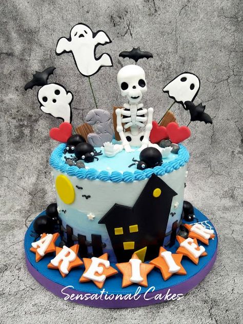 The Sensational Cakes: Haunted house Skeleton, Ghost, bats cream birthday children creepy theme birthday cake #singaporecake #hauntedcake #ghostcake #gravecake #skeletoncake Skeleton Cake Birthday, Ghost Cake Birthday, Skeleton Birthday Cake, Ghost Birthday Cake, Halloween Smash Cake, Skeleton Cake, Horror Cake, Scary Cakes, Halloween Birthday Cakes