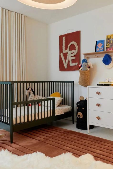 Post Modern Nursery, Ikea Baby Bed Hack, Eclectic Boy Nursery, Nursery Maximalist, Baby Corner In Parents Room, Fun Nursery Ideas, Primary Color Nursery, 70s Nursery, Funky Nursery