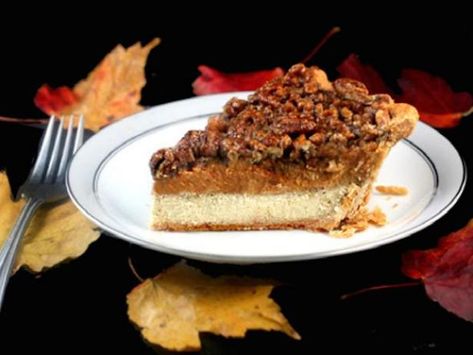 Pumpkin Cheesecake Pecan Pie Recipe | Devour | Cooking Channel Cake Pops Brownie, Pumpkin Pecan Cheesecake, Cheesecake Pie Recipes, Pie Game, Cheesecake Pumpkin, Pecan Pie Cheesecake, Pecan Cheesecake, Pumpkin Pecan Pie, Cheesecake Pie