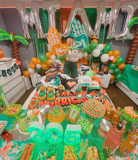 U Miami Bed Party, Umiami Bed Party, Miami Bed Party, College Decision Bed, College Acceptance Room Decorating, College Bed Decorating Party, Umiami Dorm, U Of Miami, College Announcements