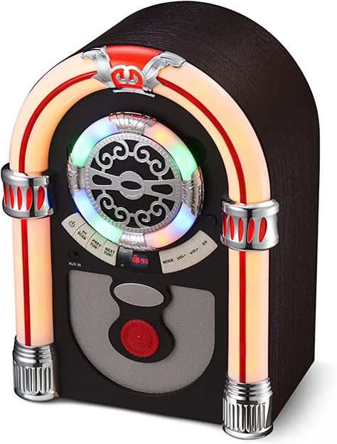 Amazon.com: UEME Retro Tabletop Jukebox with Bluetooth, FM Radio, AUX-in Port and Color Changing LED Lights : Electronics Retro Radios, Portable Dvd Player, Retro Radio, Led Color Changing Lights, Jukeboxes, Led Tubes, Bluetooth Device, Color Changing Led, Bluetooth Speakers Portable