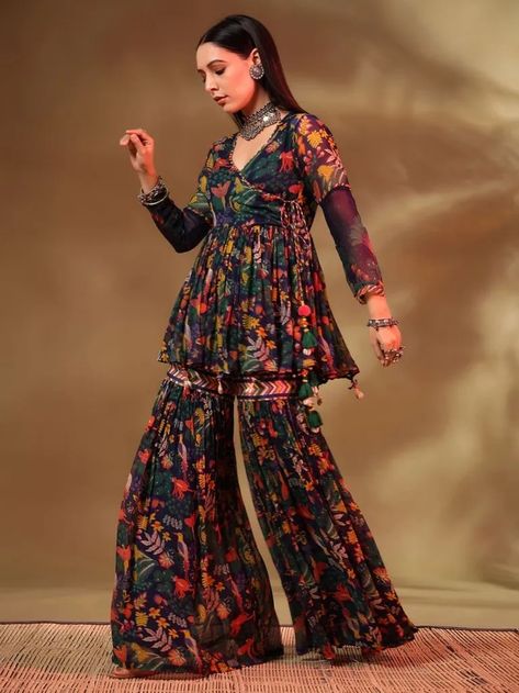 Buy Multicolor Printed Chiffon Kurta with Modal Satin Gharara- Set of 2 | BGVS64/BG32DEC | The loom Dori Tassels, Chiffon Gharara, Choli Style, Gharara Pants, Wedding Outfits Indian, Kate Middleton Style Outfits, डिजाइनर कपड़े, Desi Dress, Mehendi Outfits