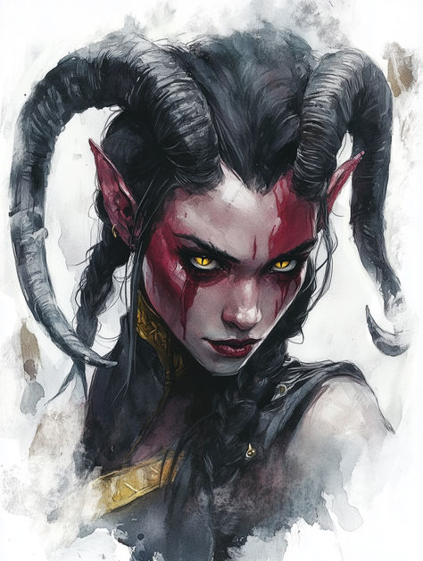 A female tiefling monk with striking skin and piercing golden eyes moves with an unmatched grace and agility. Adorning her head are sharp, ebony horns that curl elegantly, adding to her fierce appearance. Her midnight-black hair, braided tightly, flows freely as she leaps and flips effortlessly in combat. #female #tiefling #monk #dnd #characterart #aiart #midjourney #dndart #dungeonsanddragons #fantasy #artwork #illustration #fantasyart #characterdesign #character. Tiefling Monk Dnd, Tiefling Monk, Character Showcase, Female Tiefling, Monk Dnd, Blood Hunter, Golden Eyes, Knight Art, Fantasy Races