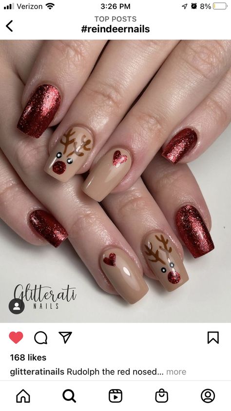 Christmas Nail Designs Rain Deer, Christmas Nails With Rain Deer, Simple Reindeer Nails, Christmas Nails Rudolph Red Nose, Christmas Nail Designs Reindeer, Christmas Nails Rain Deer, Deer Christmas Nails, Deer Nail Designs, Reindeer Nail Designs