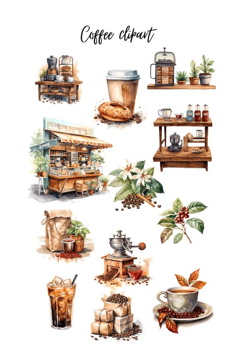 Coffee Elements Illustrations, Coffee Watercolor Clipart, Coffee Clipart, Coffee Carts, Espresso Coffee, Menu Cards, Recipe Cards, Espresso, Transparent Background