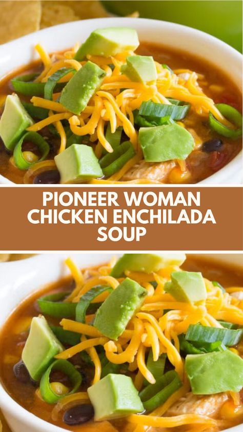 This delicious Pioneer Woman Chicken Enchilada Soup is a quick and easy meal perfect for busy nights. With its creamy texture and flavorful spices, you can customize it using common ingredients like beans and corn. Enjoy a comforting bowl topped with crispy tortilla chips for a satisfying dish that everyone will love! Pioneer Woman Chicken Enchilada Soup, Pioneer Woman Chicken Enchiladas, Chicken Tortilla Soup Pioneer Woman, Pioneer Woman Soups, Cheesy Chicken Enchilada Soup, Pioneer Kitchen, Pioneer Woman Chicken, Spicy Chicken Soup, Beans And Corn