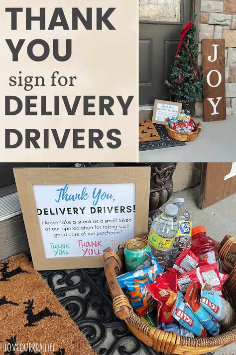 Delivery driver thank you sign beside basket of treats. Porch Delivery Thank You, Deliver Driver Thank You, Holiday Delivery Thank You, Ups Fedex Amazon Thank You Printable Free, Delivery Drivers Thank You, Sign For Delivery Drivers Printable, Free Delivery Driver Snack Sign, Thank You Sign For Delivery Drivers, Thank You For Delivery Drivers