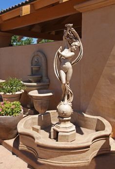 Backyard Water Fountains, Bird Fountain, Lady Statue, Concrete Fountains, Castle House Design, Water Fountain Design, Outdoor Water Features, Garden Water Fountains, Stone Landscaping