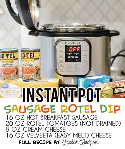 This recipe for Instant Pot Sausage Rotel Dip uses Velveeta, Rotel, cream cheese, and hot breakfast sausage to make an out-of-this-world tailgate appetizer that everyone will love! Can also sub ground beef or chicken for the meat. Velveeta Sausage Dip, Sausage Rotel Dip, Rotel Sausage Dip, Queso Appetizers, Rotel Dip With Sausage, Velveeta Rotel, Velveeta Cheese Dip, Rotel Cheese Dip, Sausage Dip Recipe