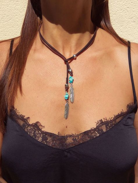 Turquoise gemstone necklace, leather necklace, boho necklace, natural stone necklace, belong to boho jewelry as well as Bohemian Jewelry carefully designed and crafted by EndiaDesign. Show off a bohemian style with this unique lariat necklace for women made of high quality cow leather, turquoise gemstones and silver plated feathers and beads. You could wear t...#with #Exploring #Boho #Free #Bohemian #JewelryDesign #Jewelry #Embrace #Your #Gemstone #Accessories #Spirit #Style #StatementJewelry Boho Leather Necklace, Natural Stone Necklace, Necklace Leather, Boho Choker, Wrap Necklaces, Hippie Necklace, Natural Stones Necklace, Boho Leather, Handmade Jewelry Designs