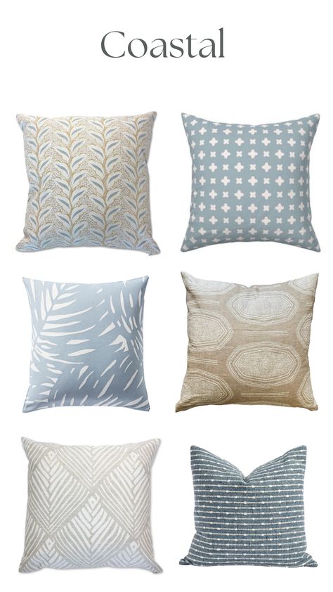 Beach Inspired Pillows, Serena And Lily Pillow Combinations, Coastal Living Room Pillows, Southern Living Beach House, Coastal Couch Pillows, Coastal Pillows On Sofa, Adu Decor, Coastal Couch, Bnb Decor