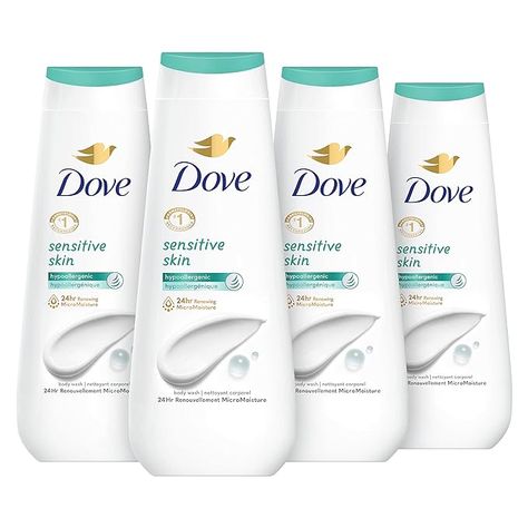 Dove Body Wash Sensitive Skin 4 Count Hypoallergenic, Paraben-Free, Sulfate-Free, Cruelty-Free, Moisturizing Skin Cleanser Effectively Washes Away Bacteria While Nourishing Skin 20 oz Dove Sensitive Skin Body Wash, Hygiene Checklist, Sensitive Body Wash, Body Wash For Sensitive Skin, Dove Products, Sensitive Skin Body Wash, Foaming Body Wash, Purple Shampoo And Conditioner, Dove Body Wash