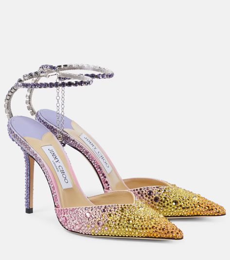 Saeda 100 embellished satin pumps in multicoloured - Jimmy Choo | Mytheresa Jimmy Choo Saeda 100, Jimmy Choo Saeda, Ivory Pumps, Minimal Shoes, Mid Heels Pumps, Jimmy Choo Heels, Designer Pumps, Satin Pumps, Evening Shoes