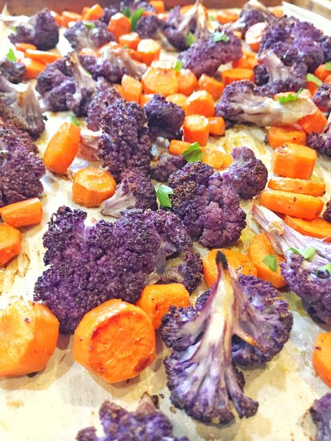 Easy Roasted Purple Cauliflower & Carrots Coliflower Purple Recipes, Purple Cauliflower Recipe Side Dishes, Carrot Meals, Purple Cauliflower Recipe, Orange Cauliflower Recipes, Sheet Meals, Purple Carrot Meals, Orange Cauliflower, Carrots Side Dish