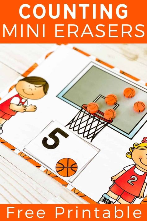 Basketball erasers make these free printable counting mats fun! Students can practice counting from 1-20 with these counting mats!  These Basketball Mini Eraser Counting Mats for Preschool are an awesome counting activity for any sports loving girl or boy!  #mathactivity #math #mathfun #educational #educationalactivities #preschoolactivities Sport Crafts For Preschool Art Projects, Activities About Balls For Preschool, Basketball Activities For Preschool, Basketball Crafts Preschool, Preschool Basketball Activities, Sports Math Activities, Sports Math Activities Preschool, Prek Sports Theme Activities, Basketball Math Activities