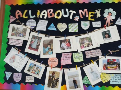 All about me bulletin board.  Great idea for beginning of school. About Me Teacher Board, All About Me Bulletin Board Ideas, Photo Bulletin Board Ideas, All About Me Board, Emoji Bulletin Board, All About Me Bulletin Board, About Me Bulletin Board, All About Me Display, All About Me Topic