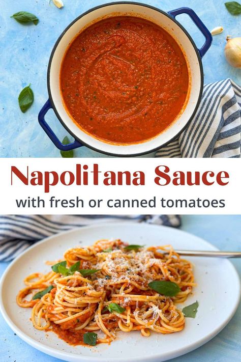 Homemade Napoletana Sauce with fresh or canned tomatoes - This simple, authentic sauce recipe bursts with the flavors of fresh tomatoes, garlic, and basil. Perfect for pasta, pizza, or dipping bread. Pop over to our site for the full recipe! Authentic Italian Pasta Sauce Recipes, Homemade Pasta Sauce With Fresh Tomatoes, Napoletana Sauce, Napolitana Sauce, Fresh Tomato Sauce Recipe, Sauce With Fresh Tomatoes, Italian Sauces, Dipping Bread, Homemade Pasta Sauce